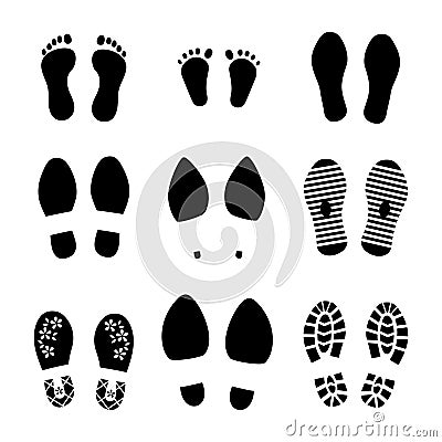 Footprints. Shoes and legs human steps, baby child and grown man footsteps, people funny step prints symbols. Vector Vector Illustration