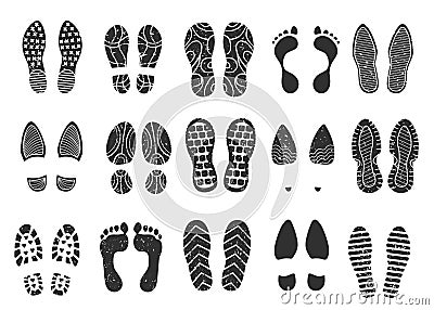 Footprints silhouette, footsteps, boot sneaker shoe print. Human barefoot imprint, dirty shoes sole prints, footprint Vector Illustration