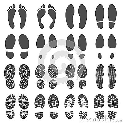 Footprints silhouettes. Barefoot steps prints, boots step and foot feet print isolated vector silhouette illustration Cartoon Illustration
