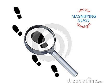 Footprints, soles, footsteps on the trail, magnifying glass, silhouette. Vector illustration of search concept, detective, Vector Illustration