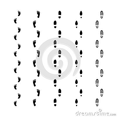 Footprints trails marks set. Male, female, baby feet imprint tracks. Black human shoe and barefoot footprint tracks. Vector Illustration