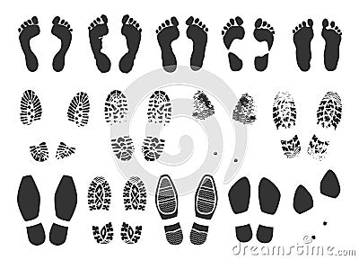 Footstep icon. Footprint black symbols collection. Bare human feet and shoe print tracks. Sneaker and boot sole traces Vector Illustration