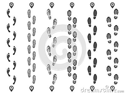 Footsteps track routes. Footprint trail, footstep imprint way route and walking foot steps map pins isolated vector Vector Illustration