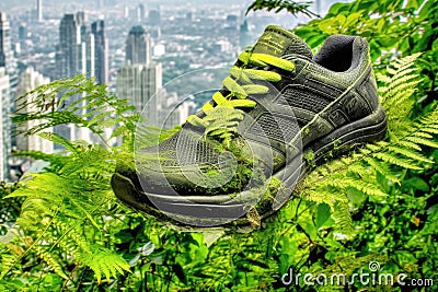 Footwear that actively reduces its carbon emissions, featuring green components and supporting a city-wide recycling system to Stock Photo