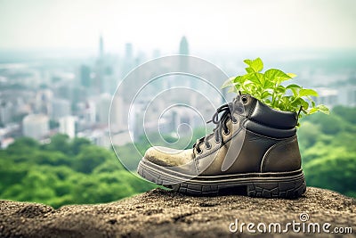 Footwear that actively reduces its carbon emissions, featuring green components and supporting a city-wide recycling system to Stock Photo