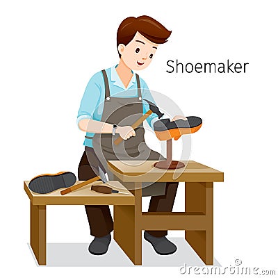 Shoemaker Repairing Man Shoes, He Hammering Nail On Shoe Heel Vector Illustration