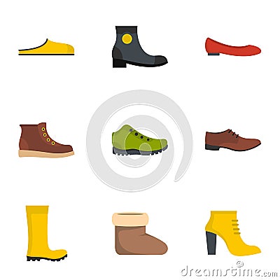 Footwear icons set, flat style Stock Photo