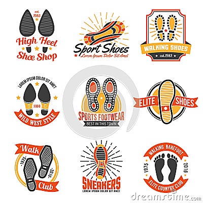 Footwear Labels With Footprints Icons Set Vector Illustration