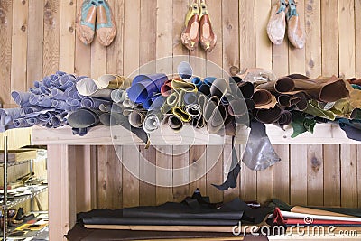 Footwear Materials In Shelves At Shoemaker Workshop Stock Photo