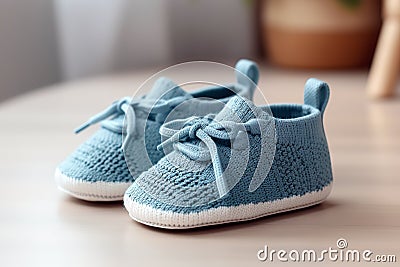 Footwear for newly-born child. Tiny blue shoes or bootees for kid. Concept of childcare Stock Photo