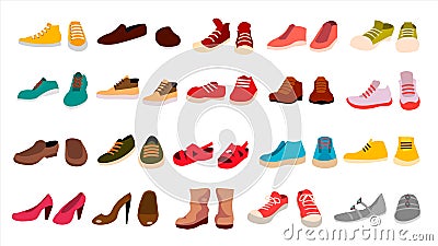 Footwear Set Vector. Stylish Shoes. For Man And Woman. Sandals. Different Seasons. Design Element. Flat Cartoon Isolated Vector Illustration