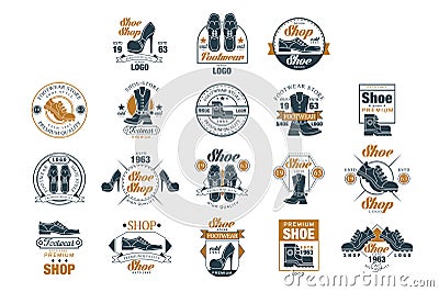 Footwear store logo set, shoe style premium quality estd 1963 vector Illustrations Vector Illustration