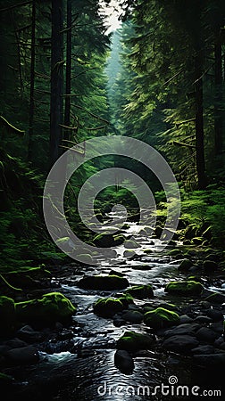 Forbidden Beauty: A View of the Stream Running through the Mossy Stock Photo