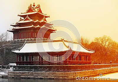 The turrets of the Forbidden City in Beijing under the sunset after snow.. Editorial Stock Photo