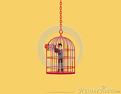 Forbidden and freedom. businessman with a telescope locked in a cage Vector Illustration