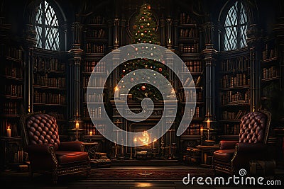 The Forbidden Library: A Room of Tree, Fireplace, and Shelves Fi Stock Photo
