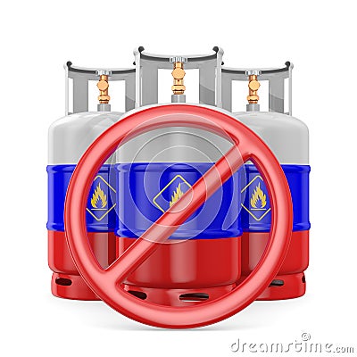 Forbidden sign and gas cylinder with flag russia on white background. Isolated 3D illustration Cartoon Illustration