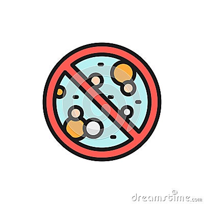 Forbidden sign with microbes, antibacterial, no bacteria flat color line icon. Vector Illustration