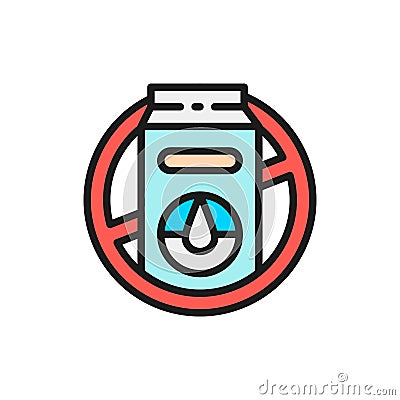 Forbidden sign with milk packaging, lactose allergy flat color line icon. Vector Illustration
