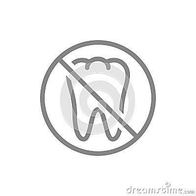 Forbidden sign with a tooth line icon. Transplantation, pull out a teeth, no tooth symbol Vector Illustration