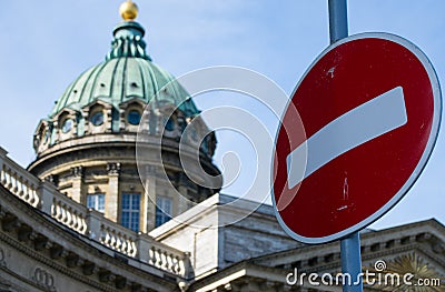 Forbiden sign on a background of an orthodox temple Stock Photo
