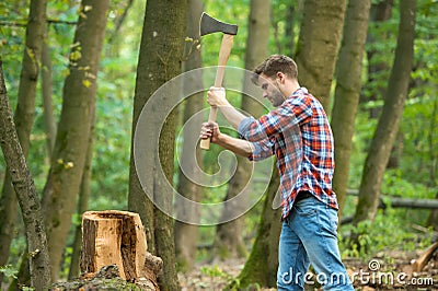 Force is required. survive in wild nature concept. man with axe in the forest. cutter going to cut tree. lumberjack Stock Photo