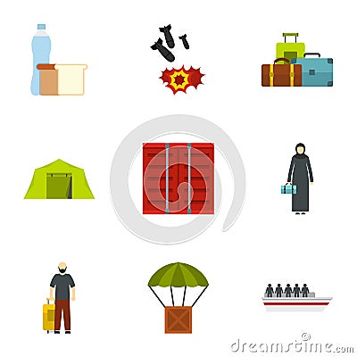 Forced immigration icons set, flat style Vector Illustration