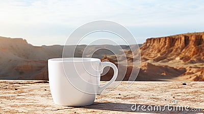 Forced Perspective: White Coffee Cup With Desert View Stock Photo