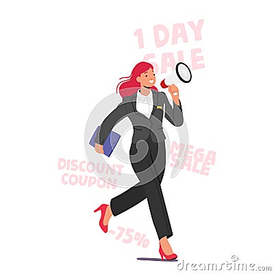 Forceful Promoter Female Character With Megaphone Making Enticing Claims Of Perks And Presents. Aggressive Sales Vector Illustration