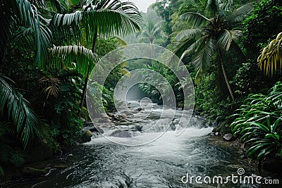 A forceful river cuts through a dense and lush green forest, creating an awe-inspiring scene, Wild river coursing through an Stock Photo