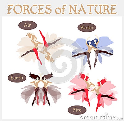 Forces of nature, depicted in the form of dancing girls. Four elements: fire, air, earth and water. Great collection in vector Vector Illustration