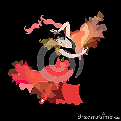 Forces of nature. The element of fire in the image of a girl dancing flamenco with a shawl that looks like a bird flying up Vector Illustration
