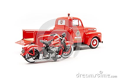 1948 Ford F-1 Pickup Truck Harley Davidson Fire Truck and 1936 El Knucklehead Motorcycle -1-24 Scale Diecast Model Toy Car Editorial Stock Photo