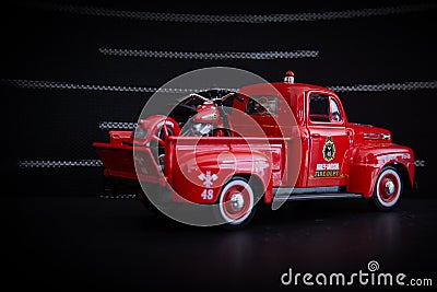 1948 Ford F-1 Pickup Truck Harley Davidson Fire Truck and 1936 El Knucklehead Motorcycle - Back side - 1-24 Scale Diecast Model T Editorial Stock Photo