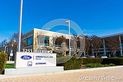Ford Greenfield Labs and Autonomic sign at research institute campus of Ford Motor Company in Silicon Valley Editorial Stock Photo