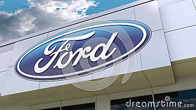 Ford Motor Company logo on the modern building facade. Editorial 3D rendering Editorial Stock Photo