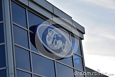 Ford sign, logo, symbol on the facade of the Ford Bemo Motors Warszawa Editorial Stock Photo