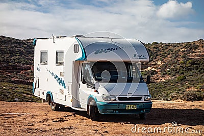 Ford Transit caravan of the Sunliner Isle company which is renting motorhomes in Australia for adventures Editorial Stock Photo