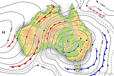Forecast weather map of Australia. Meteorological, topography and physical map. Template of synoptic map showing of movement Vector Illustration