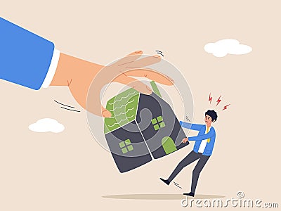 Foreclosure concept. Eviction and mortgage debt, difficulty to payback bank mortgage loan, bankruptcy man fighting to Vector Illustration