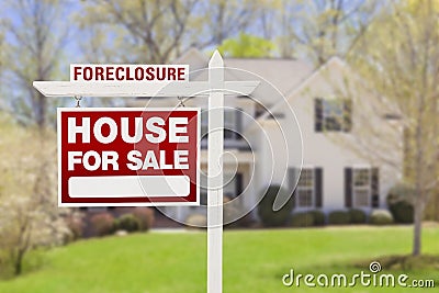 Foreclosure Home For Sale Sign in Front of House Stock Photo