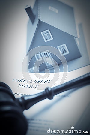 Foreclosure Notice, Gavel and Home Duotone Stock Photo