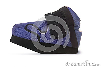 Forefoot Off-loading Shoe after fractures. Detachable therapeutic shoes. Post operative heel shoe on white background. Medical Ort Stock Photo