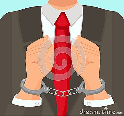 In Foreground Man in Suit Hands in Handcuffs. Vector Illustration