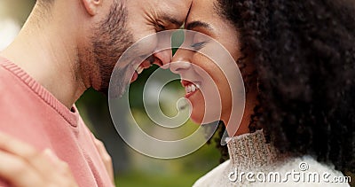 Forehead, nature and couple with love, smile and relationship with happiness, romantic and bonding. Romance, man and Stock Photo