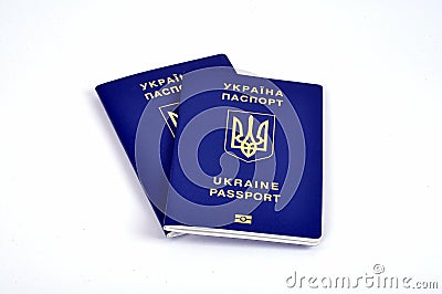 Foreign biometric passport of Ukraine on white background. Ukra Stock Photo