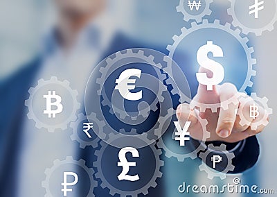 Foreign exchange trading concept with currency symbols inside connected gears Stock Photo