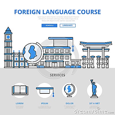 Foreign language course concept flat line art vector icons Vector Illustration