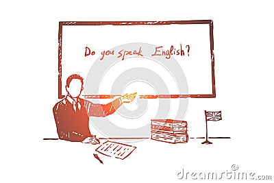 Foreign language learning lesson, question at job interview, citizenship exam, faceless man in suit, teacher Vector Illustration