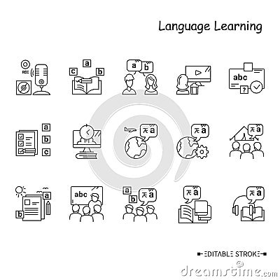 Foreign language learning line icon set. Editable Vector Illustration